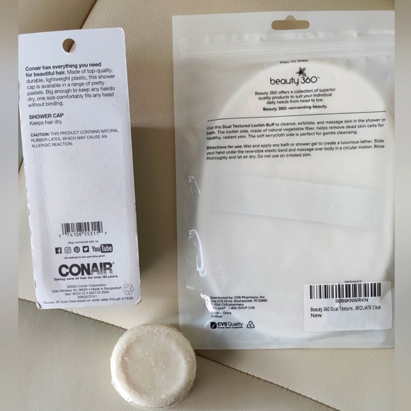 **BUNDLE ONLY** Set of Dual Texture Loofah/Buff, Shower Cap, and Vegetable Soap - Picture 2 of 3